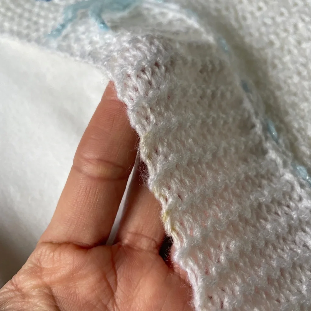 Vintage Handmade Baby Blanket Throw White Blue Soft 31